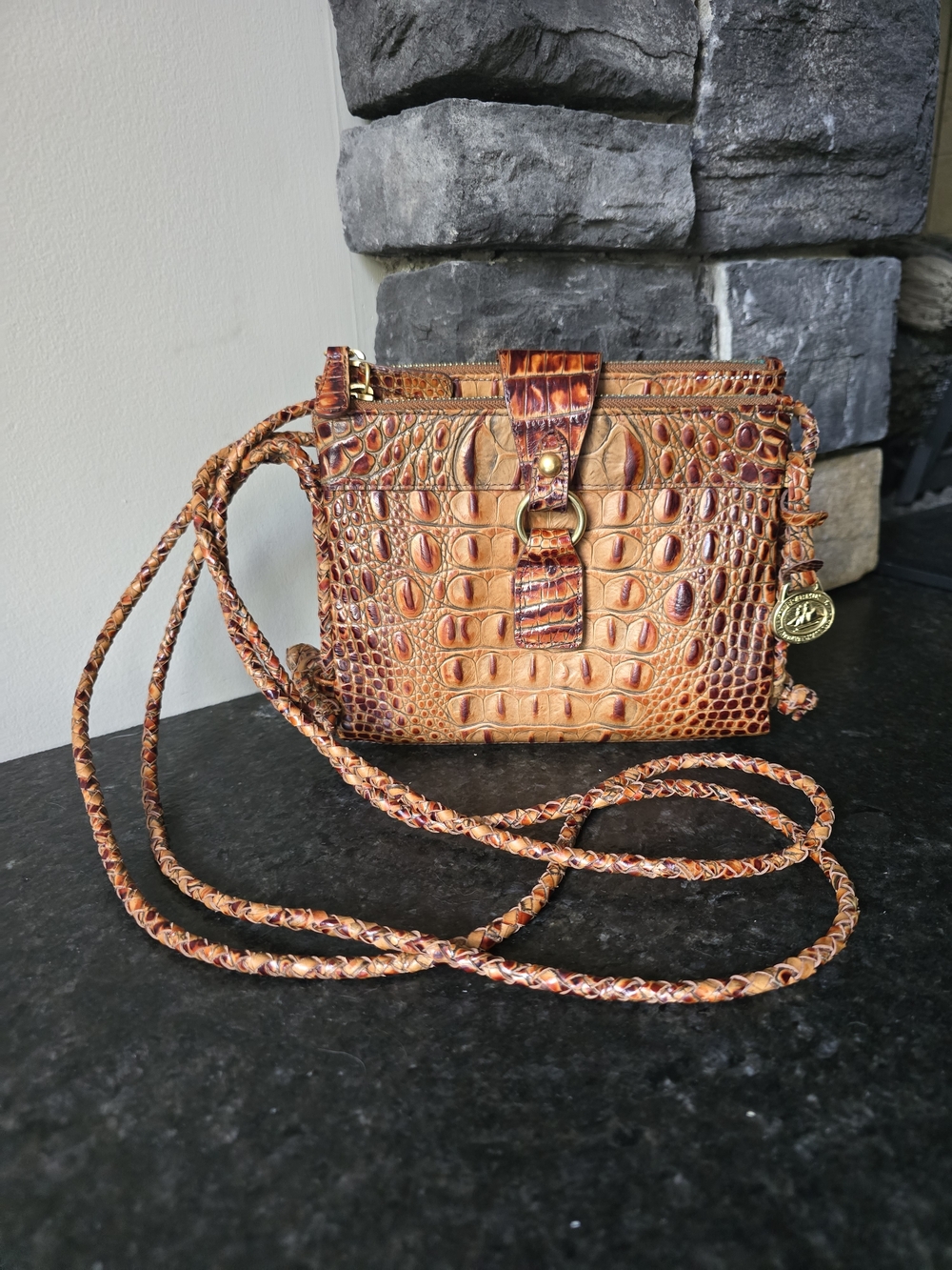 Brahmin Pecan Melbourne Croc Embossed Leather Tri Compartment Crossbody Bag
